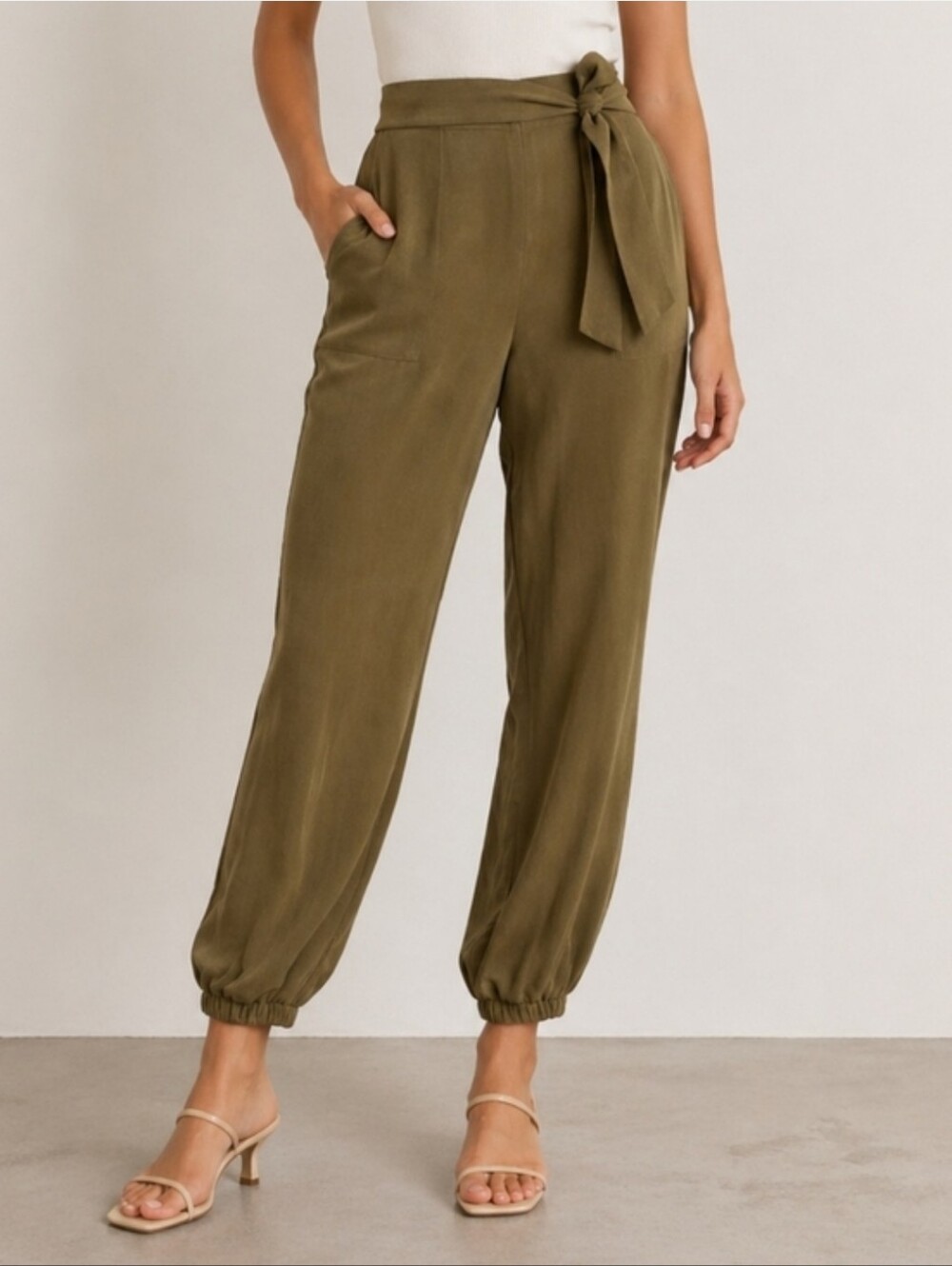 Intermix Lindy Tie-Waist Pants Olive Green Satin Jogger Size 8 - Picture 2 of 9